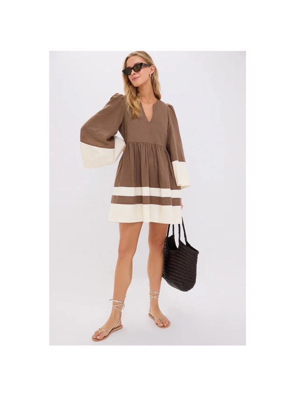 Tuckernuck Izzie Mocha Cream Stripe Linen Cotton Mini Dress Puff Sleeve m